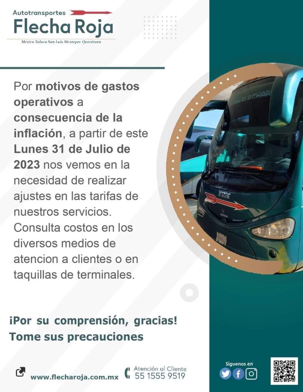 Suben nuevamente tarifas de Flecha&nbsp;Roja