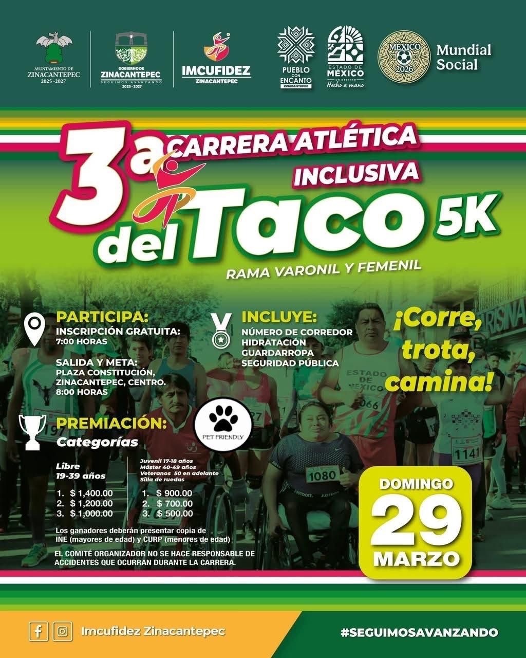 Se viene la 3ª Carrera Atlética Inclusiva “Del Taco 5K” en #Zinacantepec